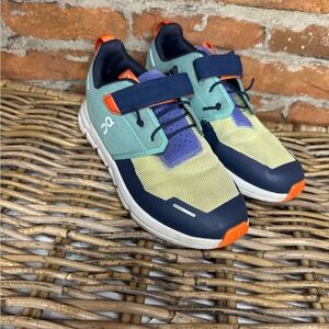 On Running Kids' Sneakers in Blue, Green, and Orange size 3